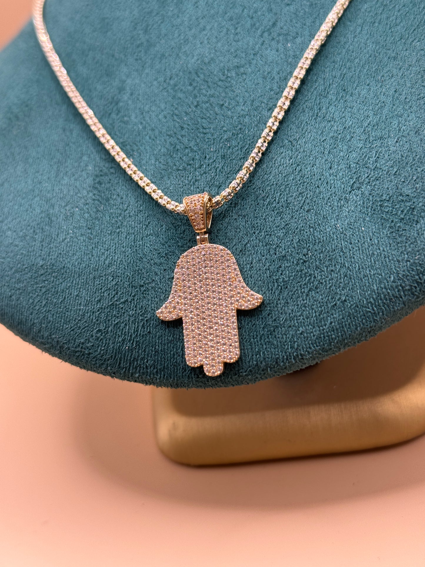 14K yellow Gold Ice Chain – 18” with Hamsa CZ Pendant (3mm Chain)