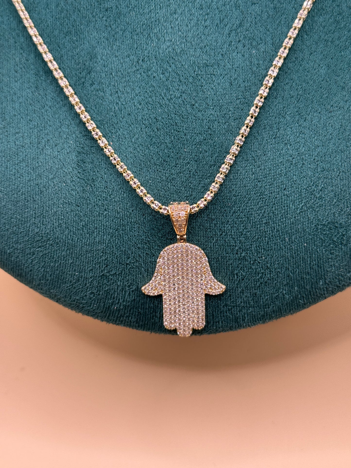 14K yellow Gold Ice Chain – 18” with Hamsa CZ Pendant (3mm Chain)