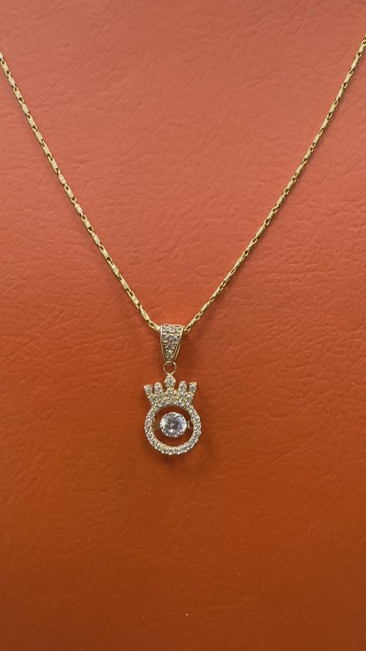 14K Gold Diamond Cut Necklace 20 Inch with Crown CZ Pendant, Royal Crown Necklace, CZ Gold Pendant, Statement Jewelry Gift