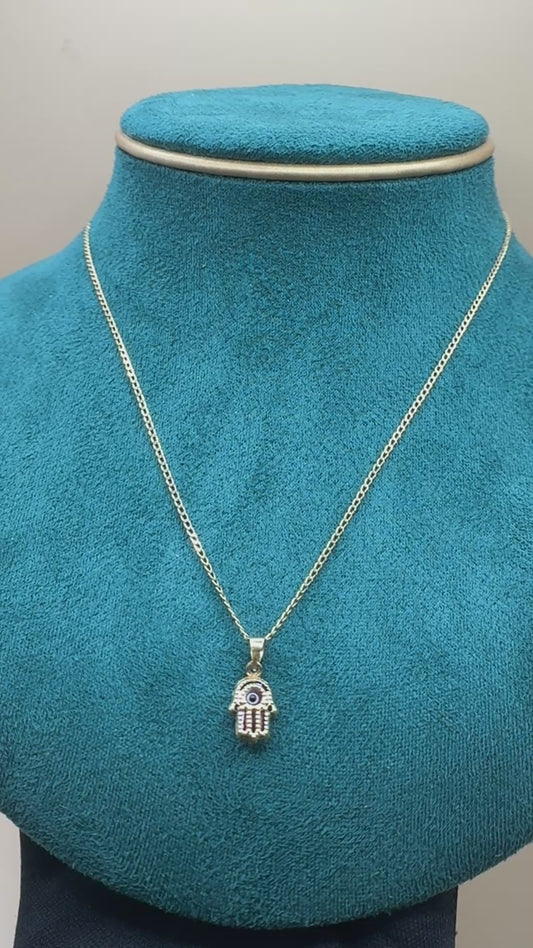 14K Gold Curb Link Necklace – 18” with Red Evil Eye Hamsa Pendant for women