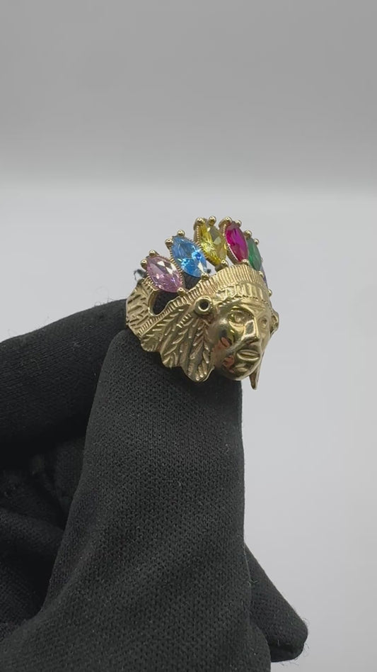 14K Gold Indian Ring with Multi-Stone Head for men size 10”
