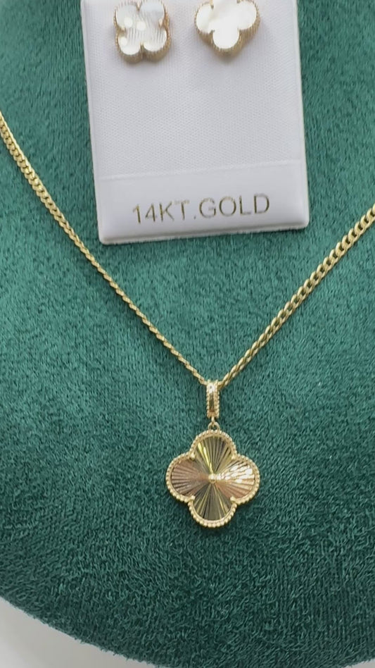 14K Gold Clover Bundle – 20” Curb Link Necklace for women with Clover Pendant & Clover Earrings