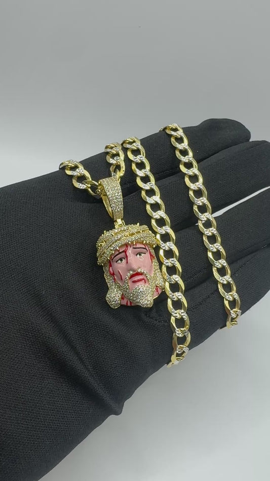 925 silver gold plated curb link chain 24” with Jesus pendant