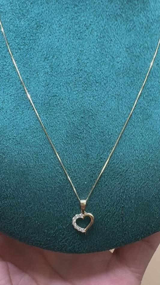 14K Solid Gold Box Chain Necklace 18 Inch with heart CZ Pendant, Dainty Gold Necklace, Minimalist Everyday Jewelry, Gift for Her