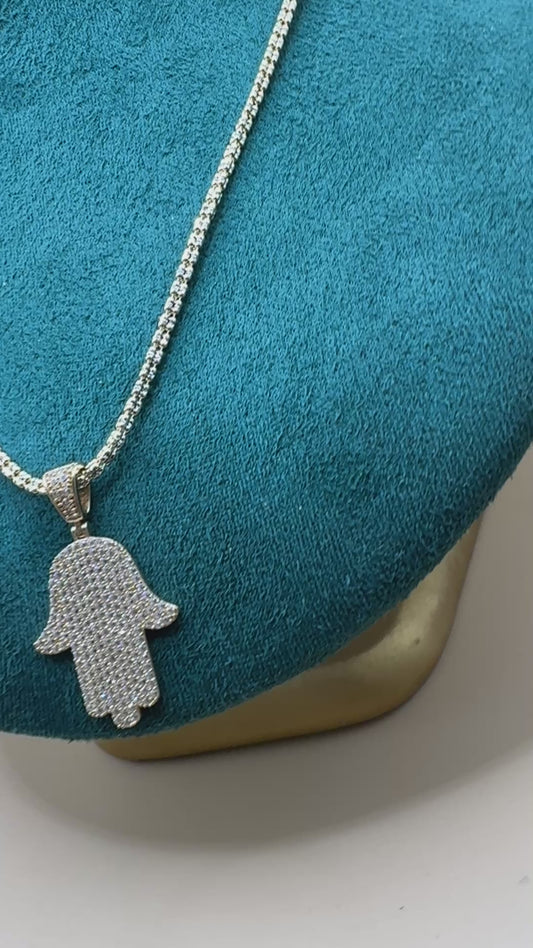 14K yellow Gold Ice Chain – 18” with Hamsa CZ Pendant (3mm Chain)