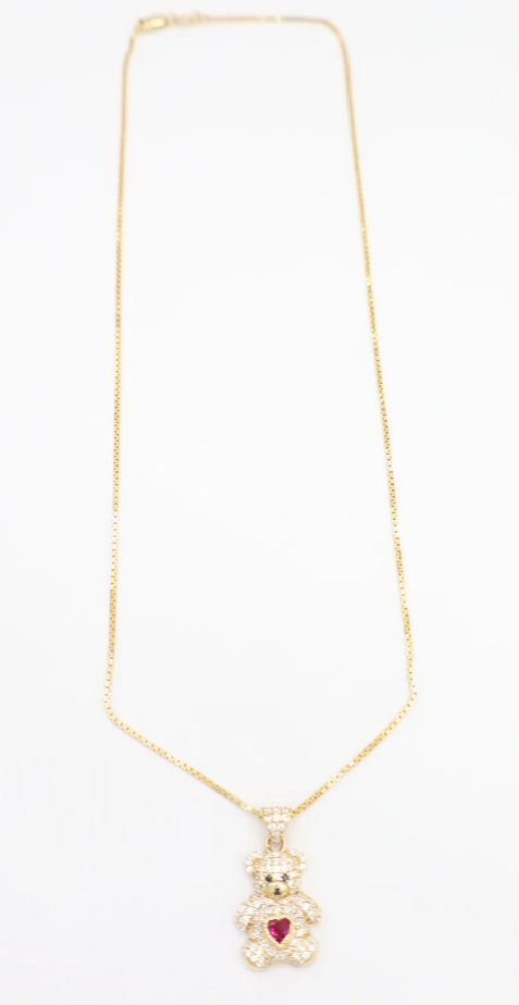 14K Gold Box Chain with Teddy Bear &amp; Red Heart Pendant – 18”